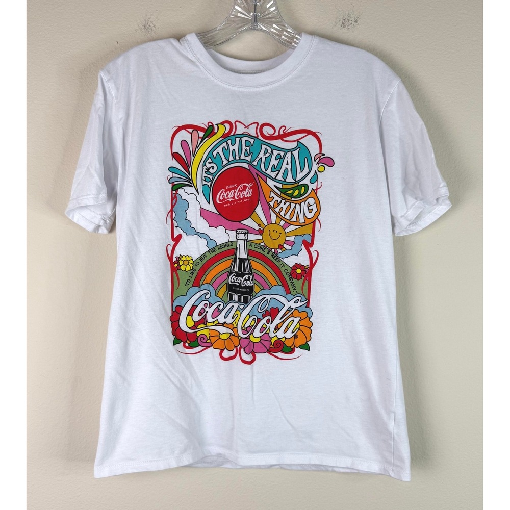 Coca-Cola T-Shirt Kids L 11-13 It's The Real Thing Retro Psychedelic White